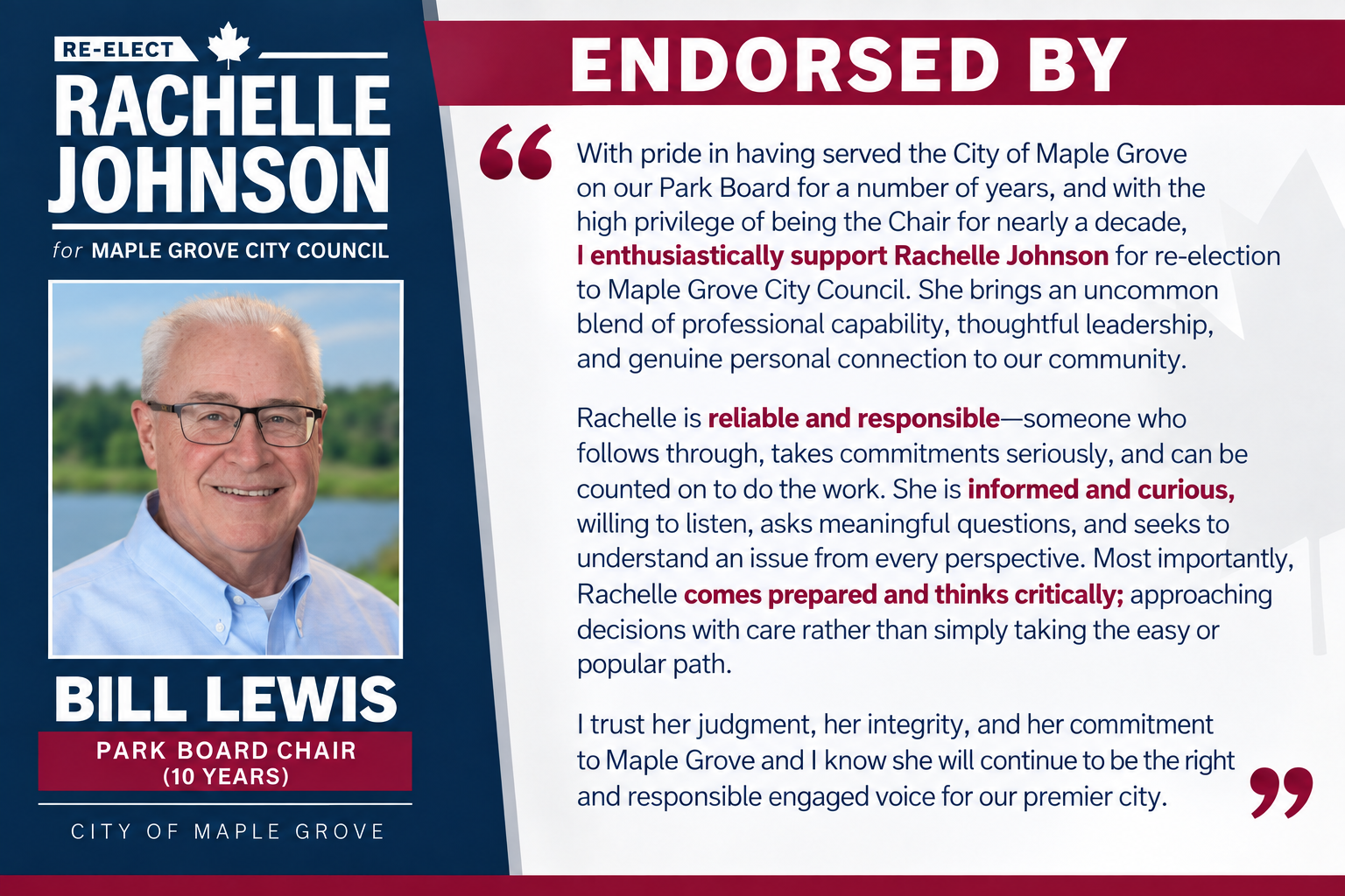 Endorsement of Rachelle Johnson by Bill Lewis, Maple Grove Park Board Chair