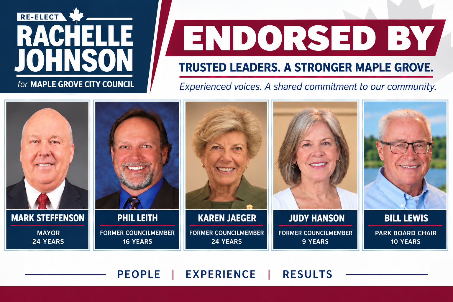 Rachelle Johnson endorsed by Mark Steffenson, Phil Leith, Karen Jaeger, Judy Hanson, and Bill Lewis.