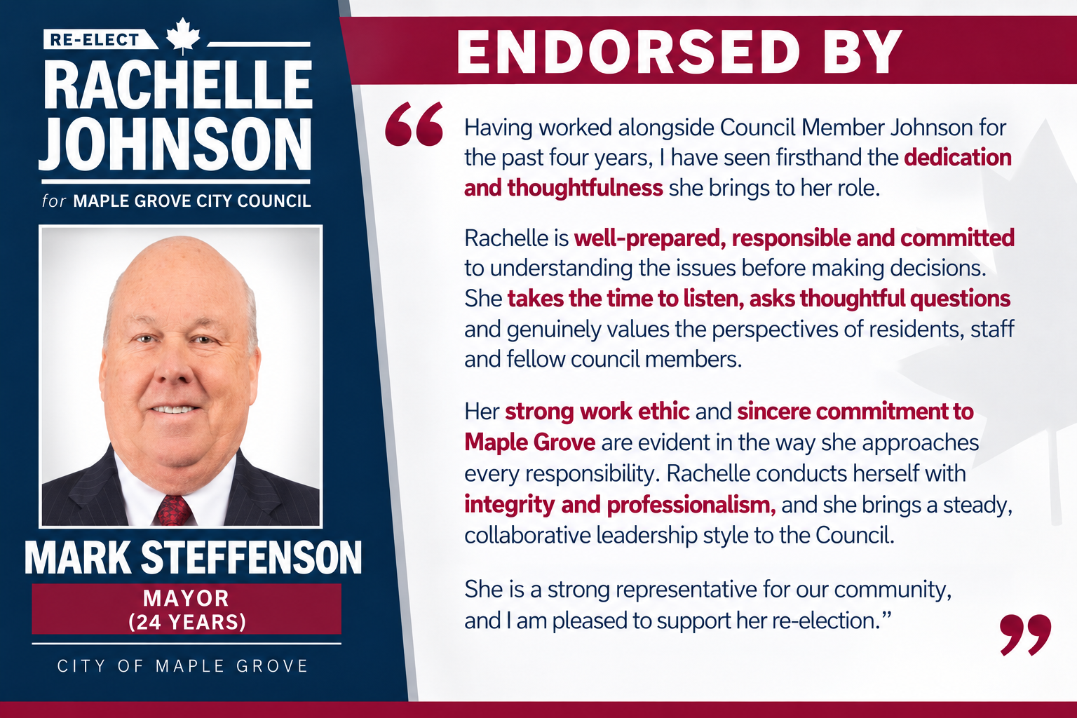 Endorsement of Rachelle Johnson by Mark Steffenson, Mayor of Maple Grove
