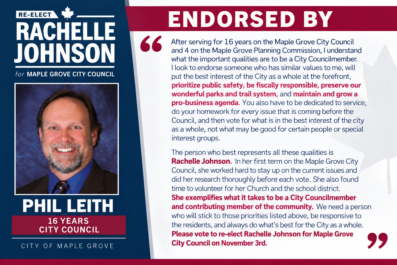 Endorsement of Rachelle Johnson by Phil Leith, former Maple Grove Councilmember